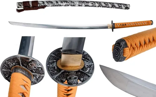 Vista 19 de Samurai Katana,1060 acero de alto carbono,Acero T10,Acero de Damasco,Aleación Tsuba,Mango de madera maciza