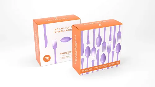Vista 5 de Tiger Chef - Cubertería de plástico de color resistente, incluye tenedores, cucharas para el té y cuchillos, Dorado