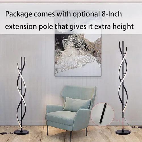 Vista 6 de Lámpara de Pie LED Espiral para Dormitorio, Lámparas de Pie Modernas con Control Remoto de 60 Pulgadas Regulable Lámpara de Pie Negra de 48W Lámpara