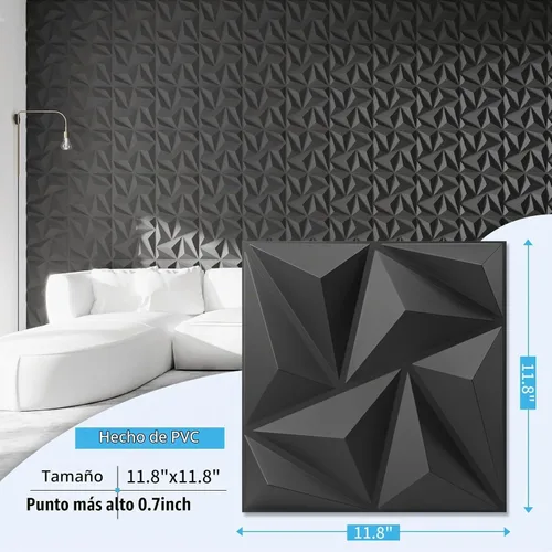 Vista 2 de Art3d - Paneles de pared 3D de 20 piezas, 11.8" x 11.8" (1.77 m²) Paneles de pared de PVC, decoración de pared adhesiva para sala de estar, Negro