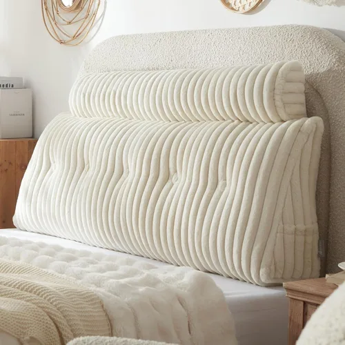 Vista 3 de Almohada de cabecera + una almohada larga para el cuerpo, almohada de piel sintética con funda extraíble (beige, matrimonial: 54 x 8 x 20 pulgadas)