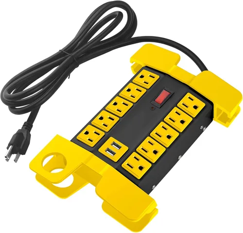 Vista 8 de CCCEI Regleta de alimentación resistente con puertos USB, 10 salidas para garaje, protector de sobretensiones de 2700 julios, metal para taller Gris