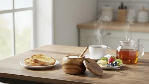 Vista 4 de Azucarero decorativo de madera rústica y cuchara con tapa de boca ancha para dulces y especias para condimentos, frutos secos, recipiente