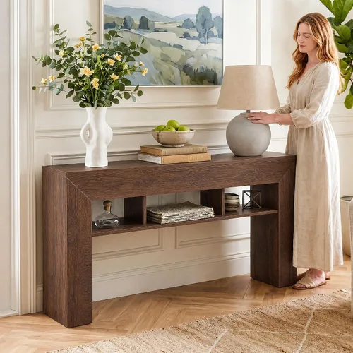 Vista 4 de EnHomee Mesa de consola de 63 pulgadas de largo para entrada con estantes de almacenamiento extra, mesa de sofá de estilo granja detrás del sofá