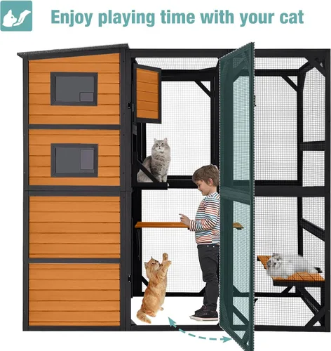 Vista 5 de Big Catio - Casa para gatos al aire libre, refugio de madera para gatos de 4 niveles con gran espacio interior (marrón, extragrande)