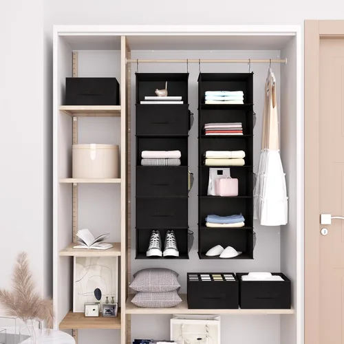 Vista 6 de Organizador colgante de armario de 6 estantes con cajones, almacenamiento de ropa plegable, portátil, estantes colgantes para ropa y zapatos, 47 x