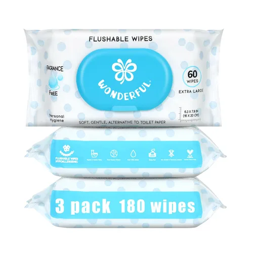 Vista 8 de Toallitas WONDERFUL desechables para glúteos, toallitas húmedas 100% a base de plantas sin aroma para adultos y niños, seguro para alcantarillas