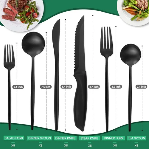 Vista 2 de VANVRO Juego de 48 piezas de cubiertos de color negro mate con cuchillos para carne, juego de cubiertos de acabado satinado, juego de cubiertos