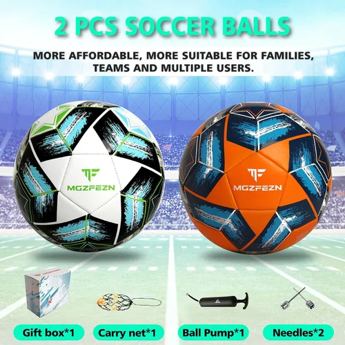Vista 2 de MGZFEZN Paquete de 2 pelotas de fútbol tamaño 5 para jóvenes y adultos, entrenamiento en exteriores e interiores, pelota de fútbol para deportes