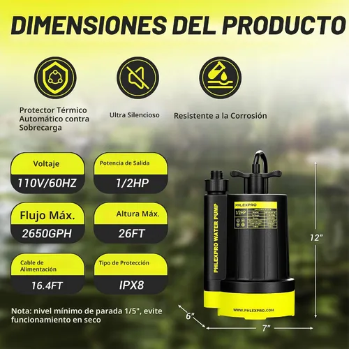 Vista 2 de Bomba de agua sumergible PHLEX PRO 1/2HP, eliminación rápida de agua de 2650 GPH Negro