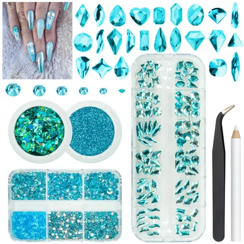Vista 19 de qiipii 24 estilos de diamantes de imitación de aguamarina para uñas, piedras azul lago, diamantes K9 de vidrio, cristales planos azul agua, gemas