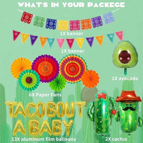 Vista 4 de 26 piezas de decoración Taco Bout a Baby, decoraciones de baby shower de fiesta incluyen globos Taco Bout a Baby, abanicos de papel, pancarta