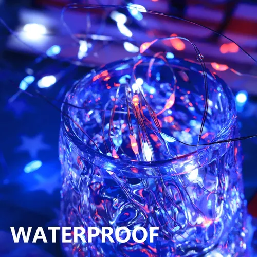 Vista 3 de Curyidy Luces de Decoración del 4 de Julio, Luces de Hadas Rojas Blancas y Azules Paquete de 2 Cadenas de 100 LED con Control Remoto Luces