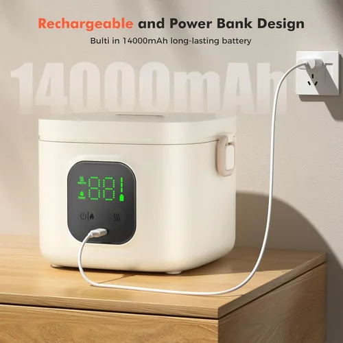 Vista 6 de Lonchera eléctrica inalámbrica para adultos y niños, alimentada por batería de 14000 mAh, calentador de alimentos autocalentable con tipo C