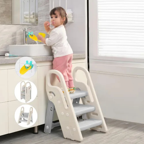 Vista 9 de Onasti Taburete plegable para niños pequeños para lavabo de baño, taburete ajustable de 3 pasos para niños, taburete de entrenamiento para orinal