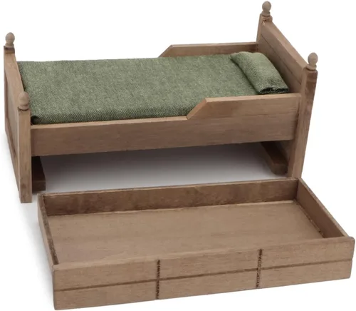 Vista 6 de Cama en miniatura de casa de muñecas con cajón 1:12, muebles de madera europeos para dormitorio, accesorios de ropa de cama con almohada