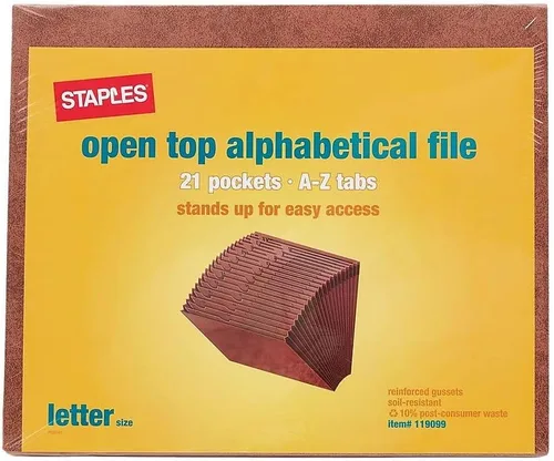 Vista 5 de Staples Archivo expandible Letha-Tone, índice alfabético A-Z, organizador de 21 bolsillos, tamaño carta, color rojo marrón