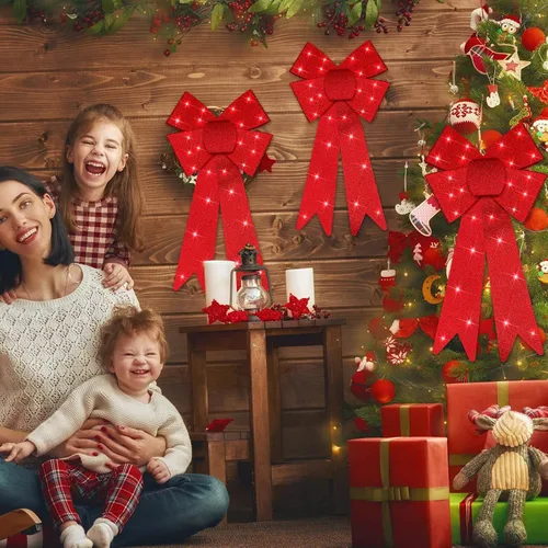 Vista 6 de Liliful 3 lazos de Navidad grandes de 18 x 10 pulgadas con luz roja para corona y remate de árbol, adornos gigantes iluminados para remate de árbol