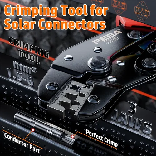 Vista 8 de PEBA Kit de herramientas de prensado, crimpadora solar para cable de panel solar AWG 16-10, con 6 pares de conectores solares IP68 y 1 par de llave