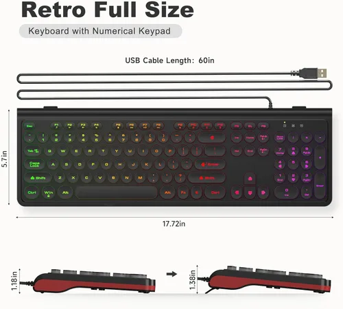 Vista 7 de Dilter Teclado USB con Cable para Computadora con Retroiluminación - Teclado de Tamaño Completo para Oficina con Numericero, Indicadores