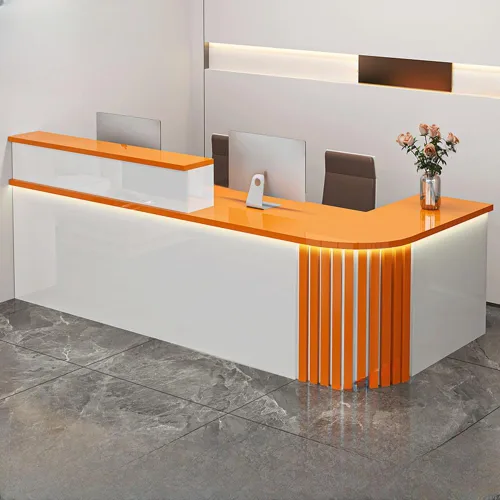 Vista 10 de LITFAD Recepción de computadora en forma de L - Escritorio de recepción de madera fabricada con gabinete, gestión de cables y bandeja para teclado
