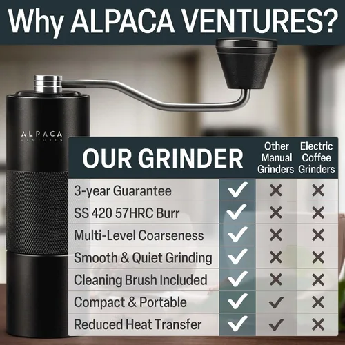 Vista 5 de Molinillo de café manual de Alpaca Ventures - Molinillo de café manual de rebaba cónica de acero inoxidable con configuración ajustable y doble