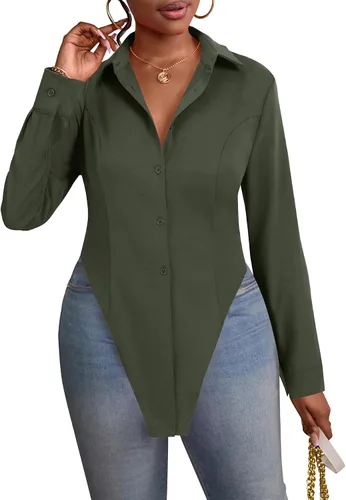 Vista 3 de OPOIPIN Blusa de manga larga con cuello en V para mujer, con botones, dobladillo con abertura