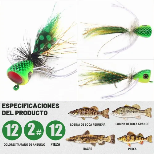 Vista 3 de Popper-Flies-para-mosca-pesca-topwater-panfish-bluegill-bajo-poppers moscas insectos señuelos A-Bass Poppers Flies-12pcs