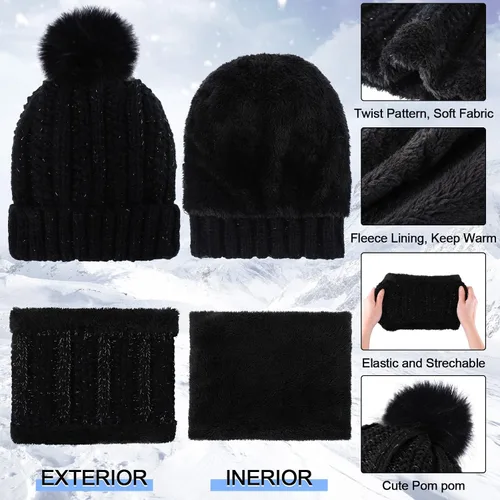 Vista 3 de 5 Pieces Women Winter Ski Outing Set, Knit Hat Scarf Gloves Earmuffs Stockings