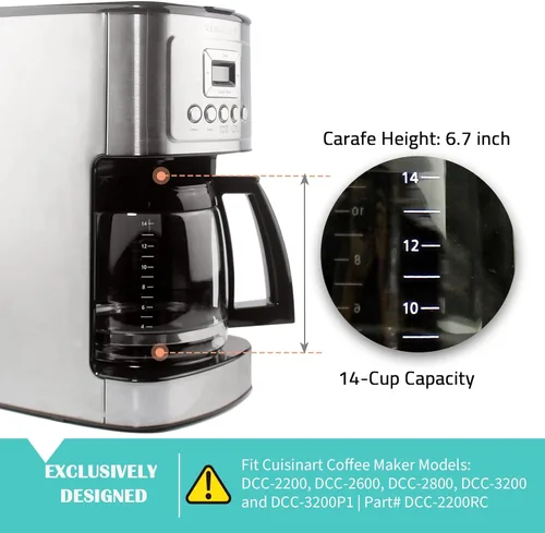 Vista 3 de Jarra de café de repuesto de vidrio para 14 tazas compatible con los modelos de cafetera Cuisinart DCC-2200, DCC-2600, DCC-2800, DCC-3200
