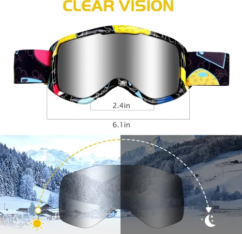 Vista 2 de Gafas de esquí para niños, gafas de snowboard para niños y niñas, jóvenes, OTG gafas de esquí antivaho con correa antideslizante