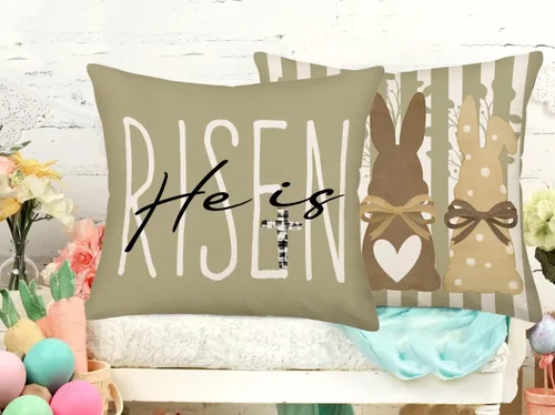 Vista 3 de Fukeen Juego de 4 fundas de almohada de Pascua de 20 x 20 pulgadas, diseño de huevo de conejo, conejo con rayas marrones, fundas de almohada