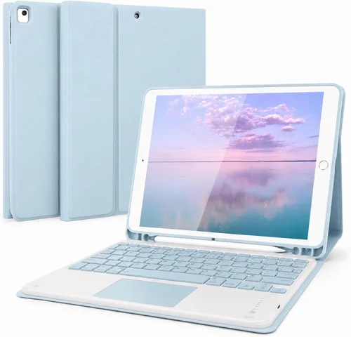 Vista 10 de LAMA Funda de teclado inalámbrico con mouse para iPad de 10.2" de 9ª, 8ª y 7ª generación, teclado Bluetooth desmontable con soporte para lápices