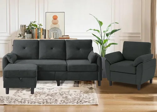 Vista 10 de Juego de sofá seccional, sofá convertible de 77 pulgadas y silla decorativa de 35 pulgadas, sofá pequeño en forma de L de 3 asientos con otomana