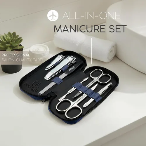 Vista 2 de Set de manicura Solingen hecho en Alemania - Kit exclusivo de 7 piezas de cortauñas para dedos de manos y pies para mujeres y hombres en estuche