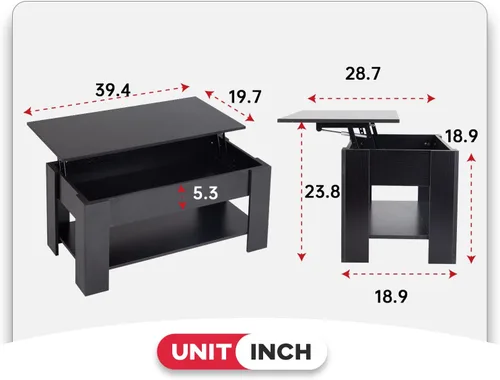 Vista 3 de FDW Mesa de Centro Elevable de 39.4 pulgadas con Compartimento Oculto y Estante de Almacenamiento, Tablero de Madera Elevable para Hogar, Sala
