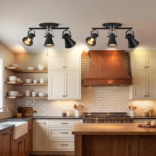 Vista 4 de Iluminación de pista de 3 luces con cadena de tracción, lámpara de techo ajustable negra, accesorios de iluminación de pista giratoria para cocina