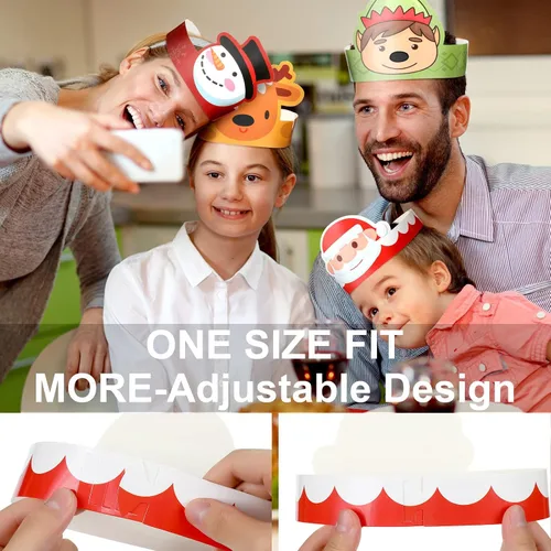 Vista 4 de Skylety 40 sombreros de fiesta de papel de Navidad para niños, ajustable, corona de papel, diadema, Papá Noel, elfo, reno, muñecos de nieve, hombre