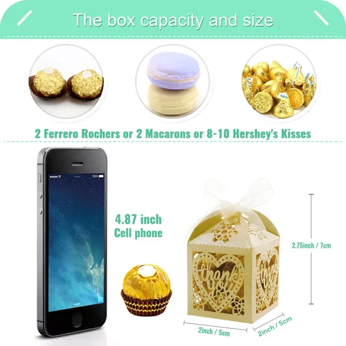 Vista 3 de COTOPHER Cajas cortadas con láser, 60 cajas de regalo de agradecimiento, cajas de regalo de boda, cajas de dulces de encaje para bodas, despedidas