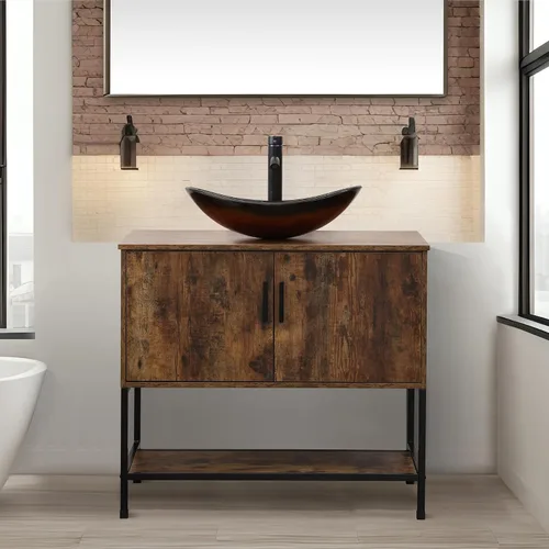 Vista 24 de UEV Juego de tocador de baño antiguo de 24 pulgadas, color marrón oscuro con lavabo, armario de baño de madera de hierro con grifo de temperatura