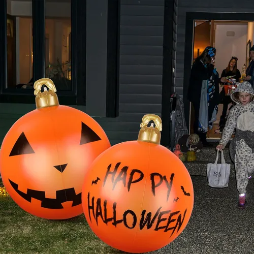 Vista 5 de Jetec 2 piezas inflables de Halloween de 24 pulgadas, decoración al aire libre de PVC colgante de calabaza gigante para árbol, feliz Halloween