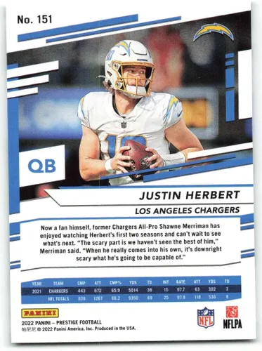 Vista 2 de 2022 Panini Prestige #151 Justin Herbert Los Angeles Chargers NFL Tarjeta de coleccionista de fútbol americano