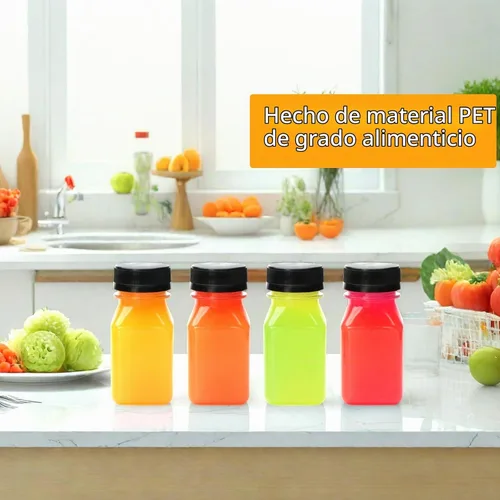 Vista 4 de Flrolove Paquete de 36 botellas de jugo de 4 onzas, botellas de plástico para jugo con tapas, recipientes vacíos transparentes con tapas para jugos