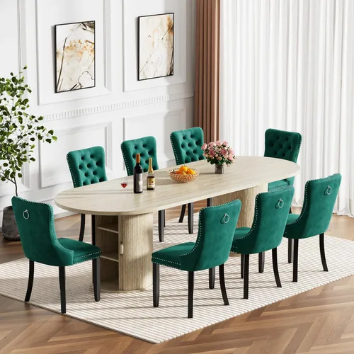 Vista 30 de Mesa de comedor redonda extensible de 94 pulgadas con base de almacenamiento, mesa de comedor expandible natural para 10, mesa de comedor de madera
