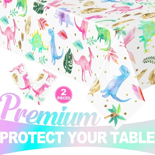 Vista 4 de Mantel para fiesta de cumpleaños de dinosaurios para niñas, funda desechable de plástico de dinosaurio rosa, suministros para fiesta de dinosaurios