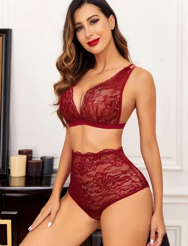 Vista 3 de Avidlove - Conjunto de lencería sexy para mujer, calzones de talle alto y brasier, baby doll de tirantes delgados