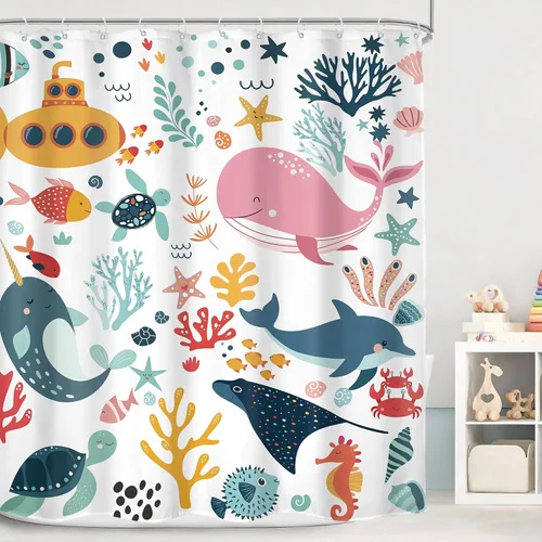 Vista 11 de Cortina de ducha para niños, océano, verano, linda ballena de dibujos animados, divertida decoración de baño para guardería, niños y niñas