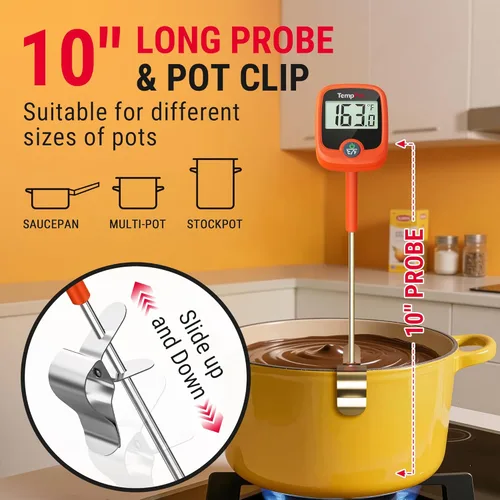 Vista 5 de TempPro TP509 - Termómetro de caramelo con clip para olla, sonda de 10 pulgadas de largo, termómetro de comida para carne de lectura instantánea