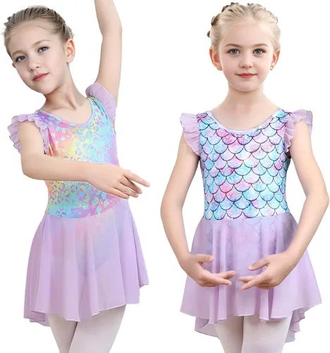 Vista 11 de iLover Vestido de leotardo clásico con tutú y mangas con volantes para niñas, para danza, gimnasia y ballet Negro