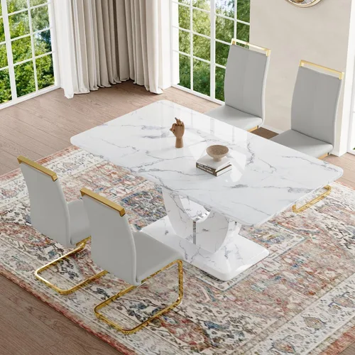 Vista 51 de JUFU Juego de mesa de comedor moderno para 4, juego de mesa de cocina rectangular de 63 pulgadas con mesa de mármol sintético y 4 sillas tapizadas